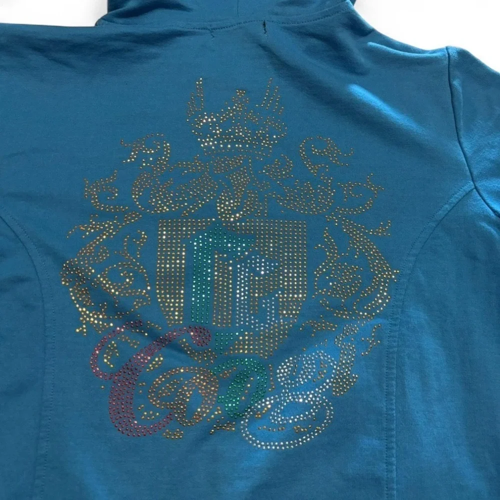 VTG COOGI Women's 1X Crop Zip Up Hoodie Rhinestone Logo Blue Pockets - Picture 3 of 6